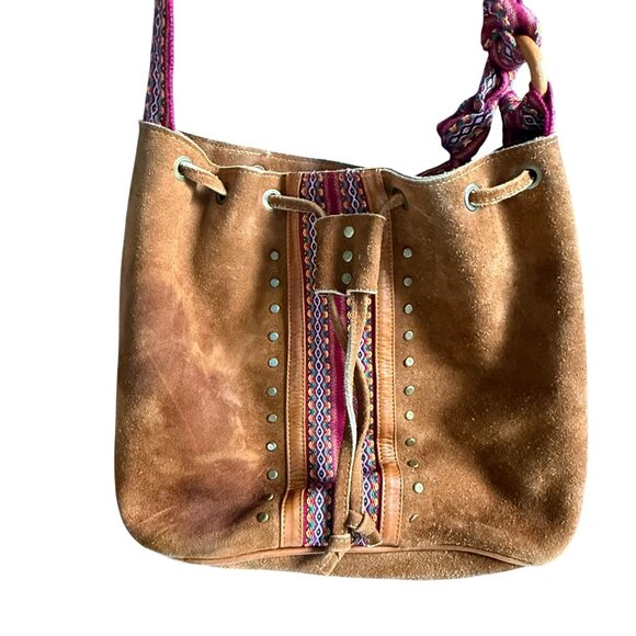 Leather Suede Faja Fabric Strap Shoulder Bag Brown Pink Bohemian Everyday - Picture 2 of 14